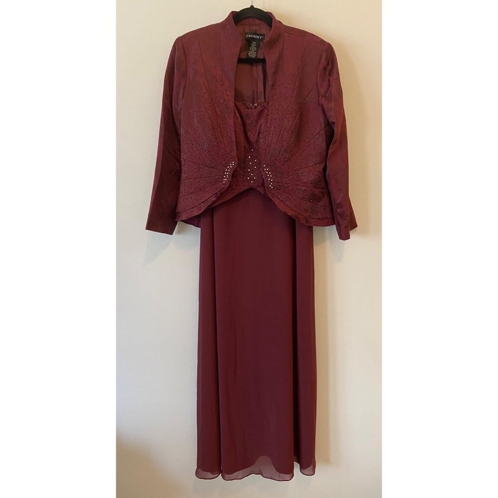Cachet 2-Piece Formal Maci Dress Set & Jacket Beaded Size 12 Burgundy